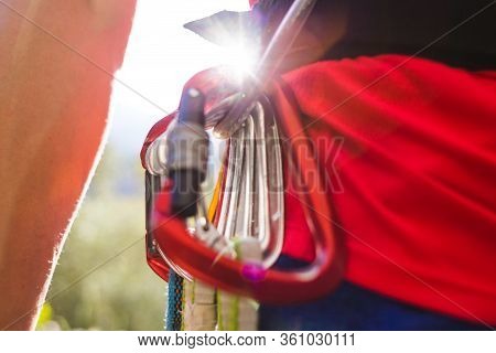 Climbing Equipment On A Climbing System, Carabiner And Quickdraw On The Safety System, The Climber I