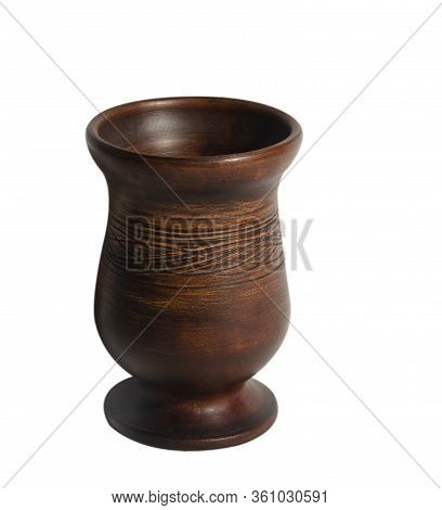 Clay Glass Brown On White Background. Isolated Object. Ancient Bowl For Wine, Milk, Drinks.