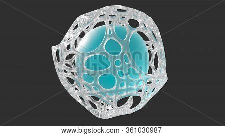 Abstract Blue Matte Glass Sphere Inside White Transparent Organic Mesh. Modern Design. 3d Rendering 