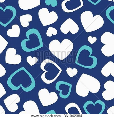 Vector Cute Vintage Color Seamless Pattern With White And Blue Hearts, Full And Silhouettes. Perfect