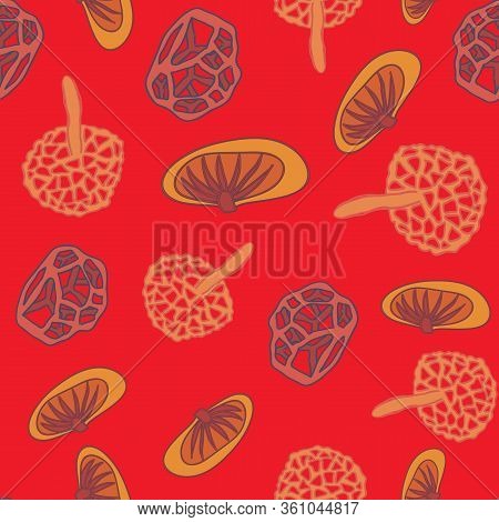 Vector Mushroom Seamless Pattern. Different Mushrooms In Warm Red, Violet, Orange Tones On Red Backg