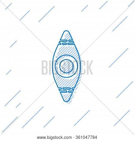 Blue Line Kayak And Paddle Icon Isolated On White Background. Kayak And Canoe For Fishing And Touris