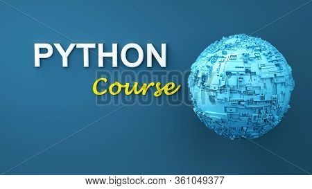 Python Course 3d Illustration. Concept Of Python Programming Language Online Learning. Advertisement