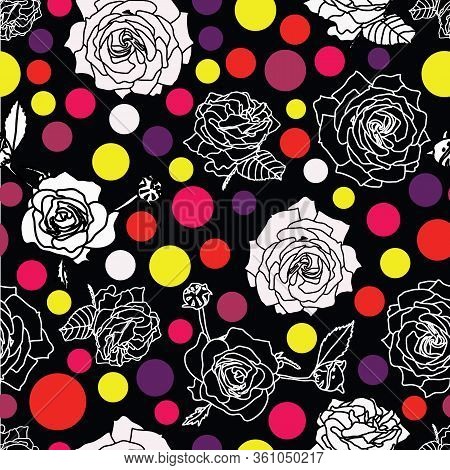 White Or Grey And Inverse Black Roses Blossom On Black Background With Dots Lentils In Pastel Colors