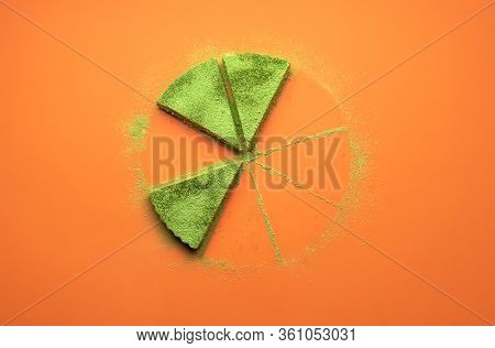 Three Slices Of Matcha Cheesecake On Orange Seamless Background. Matcha Dessert, The Last Portions. 