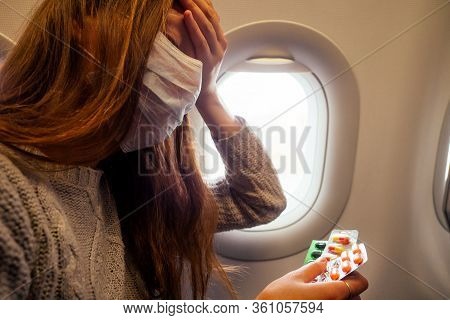 Woman Feeling Bad In Aeroplane Fly Afraid