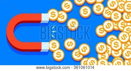 Magnet For Money. Coin Attraction. Loadstone Icon In Flat Style, Simple Tool On Color Background. Ve