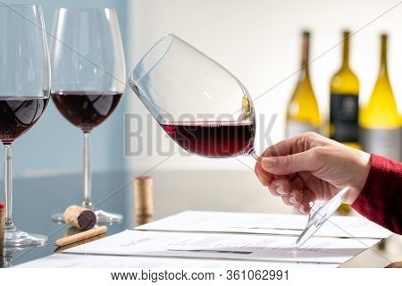 Close Up Of Enologist Holding Red Wine Glass At Wine Tasting. Pencil And Documents On Table With Out