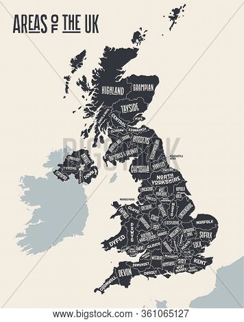Map United Kingdom. Poster Map Of Areas Of The United Kingdom. Black And White Print Map Of United K