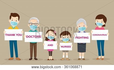 Big Family Holding Banners For Thank You Doctors And Nurses Working In The Hospitals And Fighting Th
