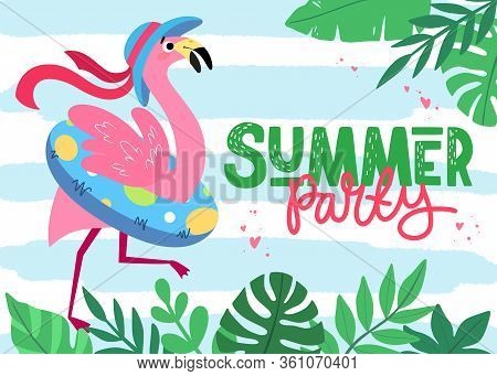 Tropical Concept With Pink Flamingos. Summer Design For Postcards, Posters, Fabrics, Prints. Modern 