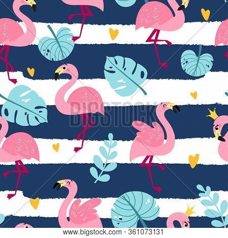Summer Seamless Pattern With Flamingos.