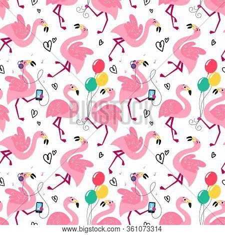 Summer Seamless Pattern With Flamingos.
