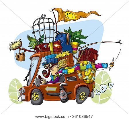 Man In Red Car Driving Away For Vacation