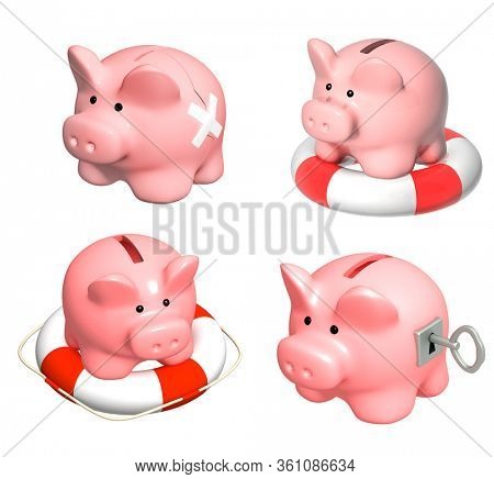 Concept - financial recession. Safe piggy bank with key, two parts of a coinbox fastened by a plaster, piggy bank and lifebuoy. Isolated on white background. 3d render