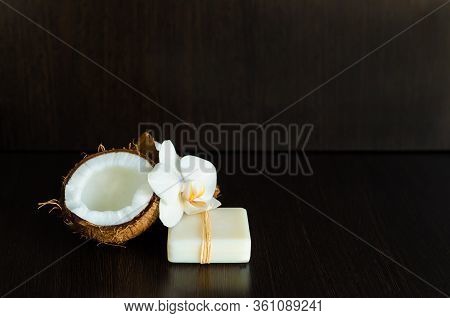 Set Of Eco Natural Cosmetics And Bath Accessories. Solid Organic Coconut Oil. Half Walnut