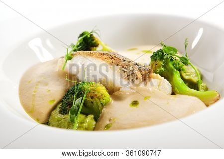 Sea cod fillet close up. Served cuisine. Dish with fish and baked broccoli puree ingredients in white plate isolated. Luxury culinary. Restaurant food portion, delicious supper, main course