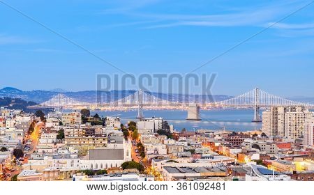 San Francisco downtown skyline Aerial view at sunset from Ina Coolbrith Park Hill in San Francisco, California, USA.
