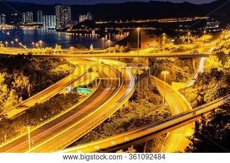 Sunset and light illumination of Tsing ma bridge landmark suspension bridge in Tsing yi area of Hong Kong China.