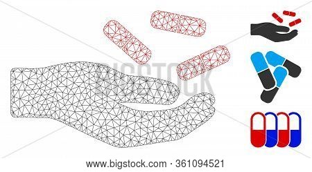 Mesh Hand With Pills Polygonal 2d Vector Illustration. Carcass Model Is Based On Hand With Pills Fla