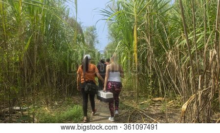 Lago Agrio, Sucumbios / Ecuador - February 20 2020: Back View Of A Group Of Tourists Walking On A Na