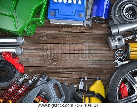 Car parts, spares and accesoires on wooden table. Auto service and car repair workshop concept. 3d illustration