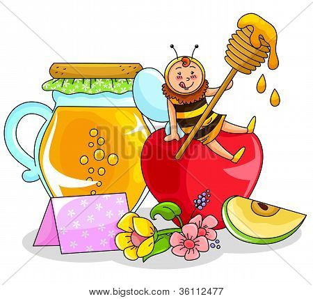 honey, apple and a happy bee