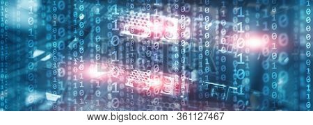 Digital Binare Code On Data Center Background. Technology Panoramic Wallpaper For Your Business.