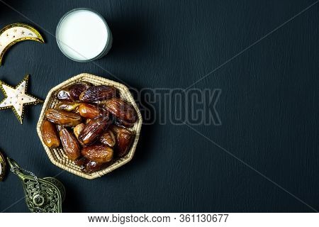 Table Top View Aerial Image Of Decorations Ramadan Kareem Holiday Background.flat Lay Date With Rosa