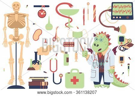 A Set Of Clipart On The Topic Of Medicene And Science. Doctor Dragon And Attributes For Medicene. Ve