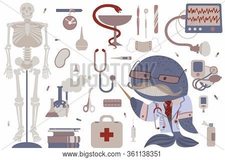 A Set Of Clipart On The Topic Of Medicene And Science. Doctor Whale And Attributes For Medicene. Vec