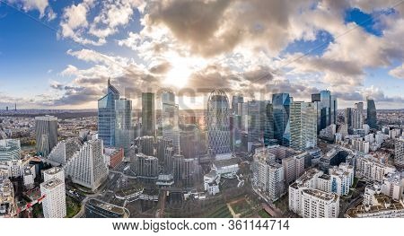 Paris, France - December 09, 2019: Aerial Drone Shot Of La Defense Skycraper Cbd Coomplex With Park 
