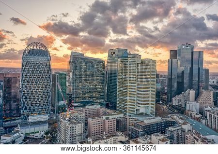 Paris, France - December 09, 2019: Aerial Drone Shot Of La Defense Skycraper Cbd Coomplex With Park 