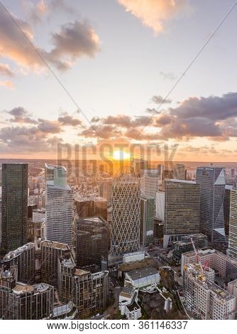 Paris, France - December 09, 2019: Aerial Drone Shot Of La Defense Skycraper Cbd Coomplex With Park 