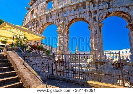 Arena Pula Historic Roman Amphitheater Ruins View, Istria Region Of Croatia