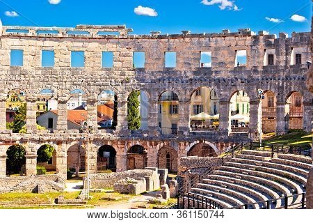 Arena Pula Historic Roman Amphitheater Ruins View, Istria Region Of Croatia