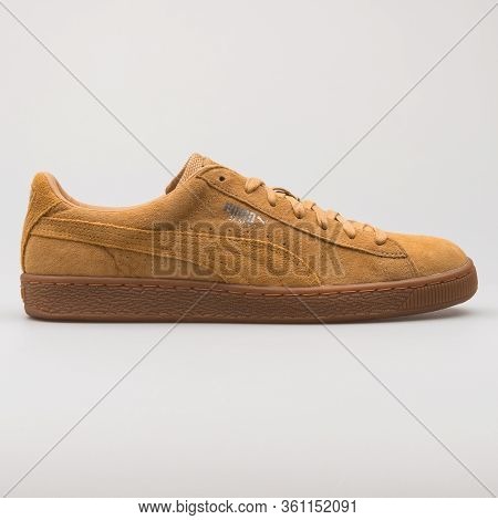 Vienna, Austria - August 22, 2017: Puma Basket Classic Weatherproof Khaki Sneaker On White Backgroun