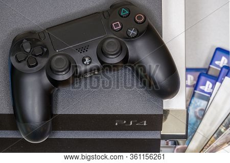 Thessaloniki, Greece - April 10 2020: Playstation 4 Dualshock 4 Wireless Controller Top View. Gamepa