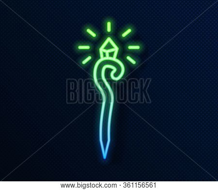 Glowing Neon Line Magic Staff Icon Isolated On Blue Background. Magic Wand, Scepter, Stick, Rod. Vec