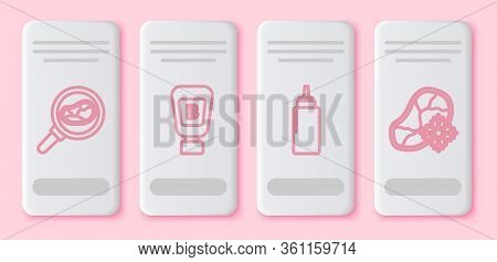 Set Line Steak Meat In Frying Pan, Sauce Bottle, Sauce Bottle And Fresh Frozen Steak Meat. White Rec
