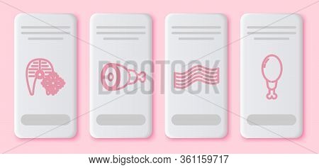 Set Line Fresh Frozen Fish Steak, Chicken Leg, Bacon Stripe And Chicken Leg. White Rectangle Button.