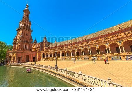 Seville, Andalusia, Spain - April 18, 2016: North Tower And Renaissance Central Building With Column