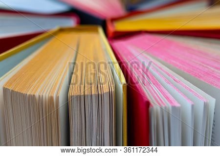Colorful Hardbounds Books. Selective Focus. Education Concept. Book Store. Close Up.