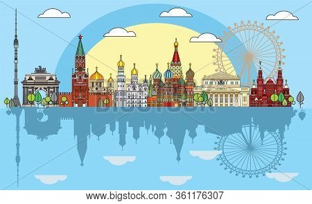 Colorful Moscow Travel Illustration With Architectural Landmarks Front View In Line Art Style With R