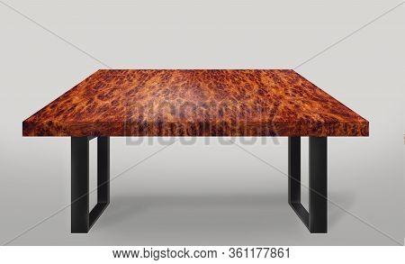 Table Modern Style Made Of Amboyna Burl Wood Legs Made Of Steel On Floor Gray Background
