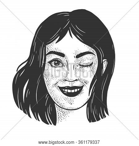 Winking Beautiful Young Woman Sketch Engraving Vector Illustration. T-shirt Apparel Print Design. Sc