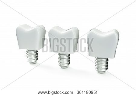 3d Render White Tooth Implant Denture Icon Set Closeup Isolated On White Background. Dental, Medicin