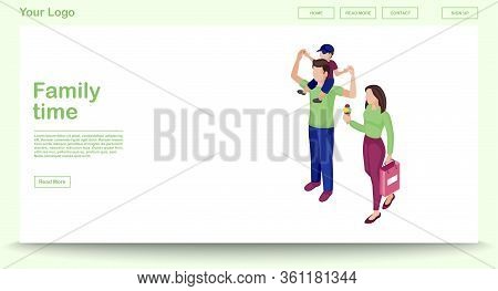Family Time Web Page Vector Template With Isometric Illustration. Parents With Kids Doing Shopping. 