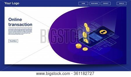 Online Transaction Webpage Vector Template With Isometric Illustration. Website Interface Design. E-