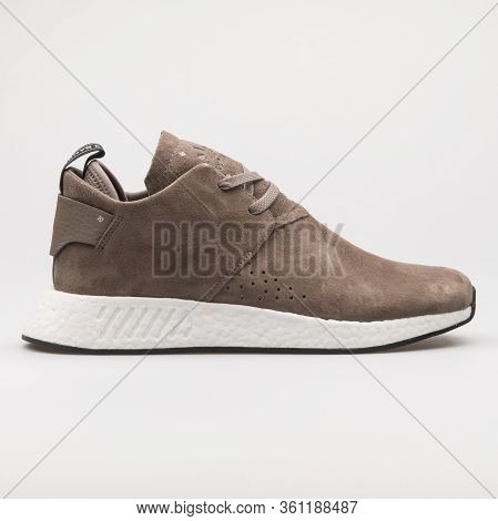 Vienna, Austria - August 22, 2017: Adidas Nmd C2 Suede Brown Sneaker On White Background.
